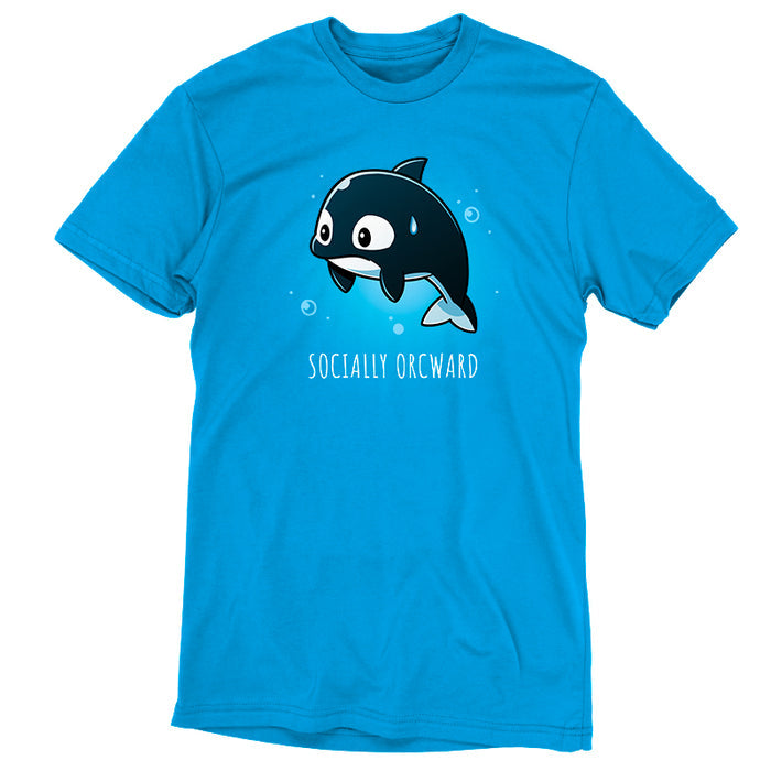 Premium Cotton T-shirt_TeeTurtle cobalt blue Orcward apparel featuring an orca with a nervous expression, a sweat drop on its head, and the text "SOCIALLY ORCWARD" below it.