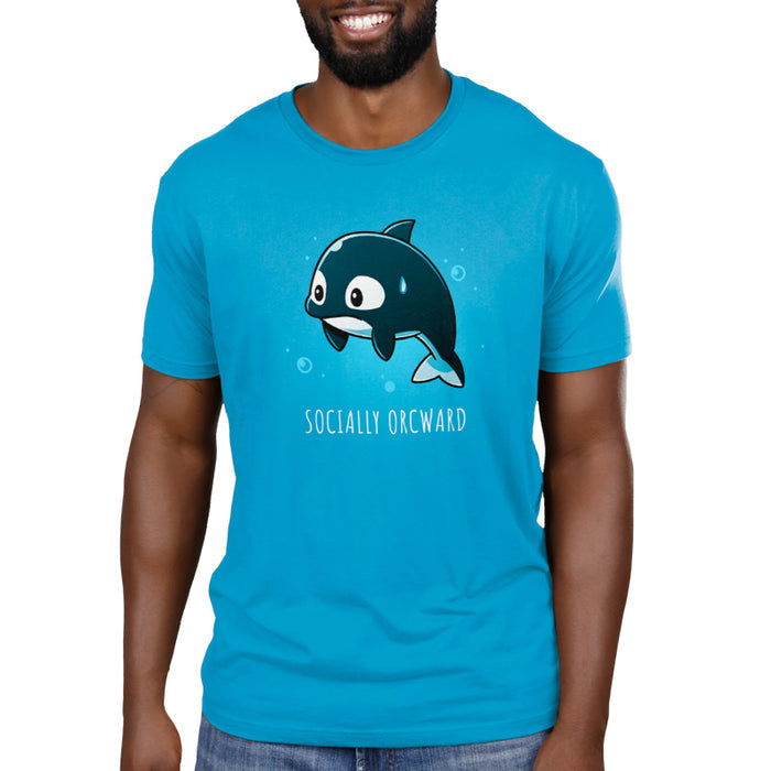 Premium Cotton T-shirt_TeeTurtle cobalt blue Orcward apparel featuring an orca with a nervous expression, a sweat drop on its head, and the text "SOCIALLY ORCWARD" below it.