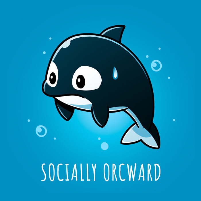 Classic Cotton T-shirt_TeeTurtle sapphire blue Orcward apparel featuring an orca with a nervous expression, a sweat drop on its head, and the text "SOCIALLY ORCWARD" below it.