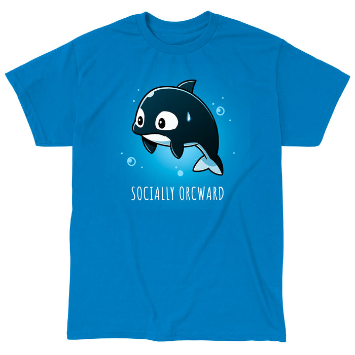 Classic Cotton T-shirt_TeeTurtle sapphire blue Orcward apparel featuring an orca with a nervous expression, a sweat drop on its head, and the text "SOCIALLY ORCWARD" below it.