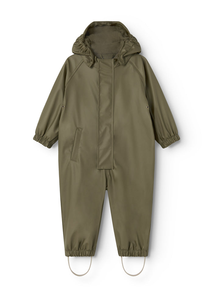 Olive green children's raincoat with hood, front zipper, and elastic cuffs.