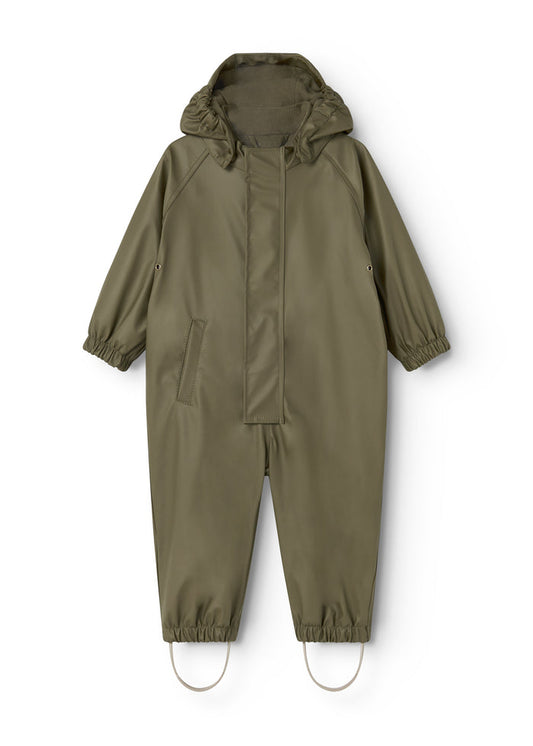 Olive green children's raincoat with hood, front zipper, and elastic cuffs.