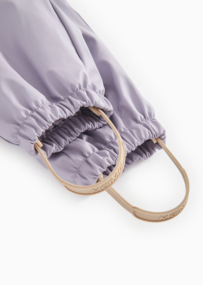 Lavender raincoat with elastic at the leg openings and adjustable cords.