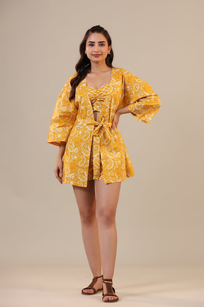 Paisley with Zig-zag on Crop Cotton Three piece Shorts set