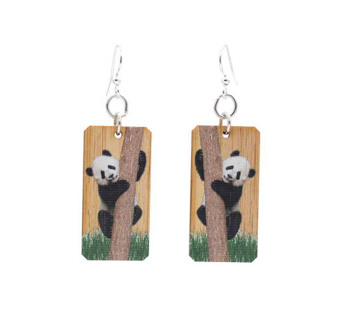 Bamboo panda bear earrings, laser-cut and made in USA