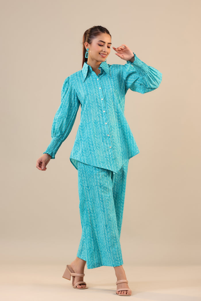 Patterned Parallels on Blue Cotton Collared Co-ord Set