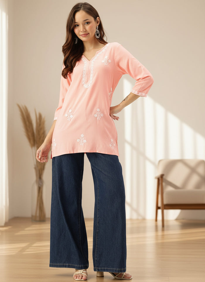 Peach Embroidered Ethnic Tunic, Short Top, Short kurta, Peach short kurta