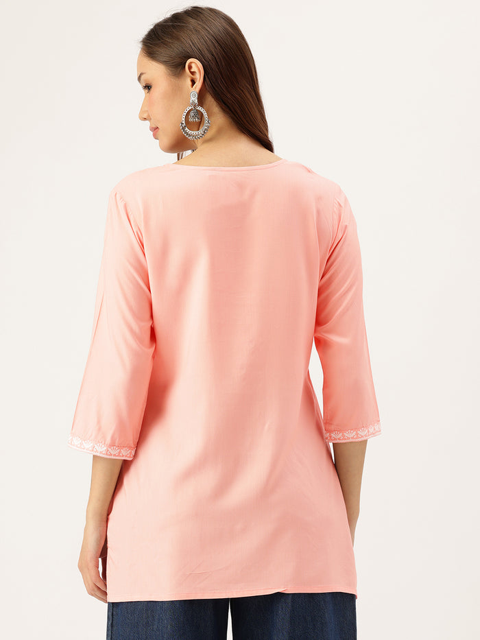 Peach Embroidered Ethnic Tunic, Short Top, Short kurta, Peach short kurta