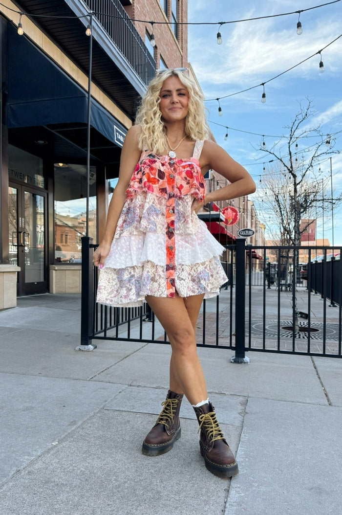 floral patchwork dress, boho mini dress, lace tiered dress, vintage style sundress, romantic summer dress, patchwork mini dress, feminine spring outfit, aesthetic sundress