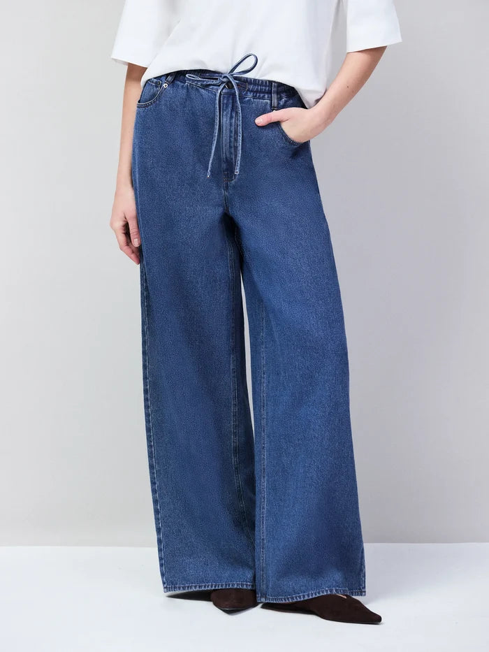 Petite Blue Denim Drawstring Wide Leg Jeans