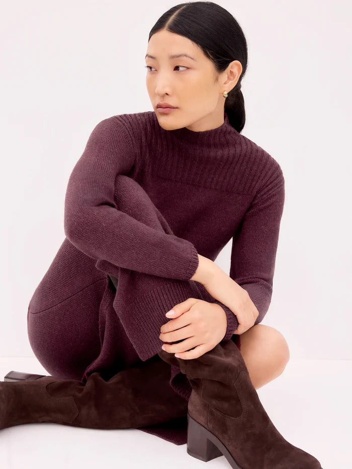 Petite Burgundy Rib Knit High Neck Dress