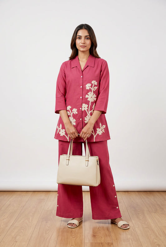 Pink Floral Embroidered Cotton Flex Co-ord Set with Collared Button-Down