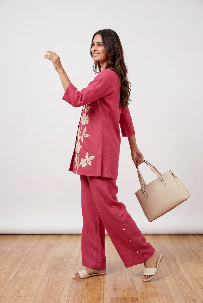 Pink Floral Embroidered Cotton Flex Co-ord Set with Collared Button-Down