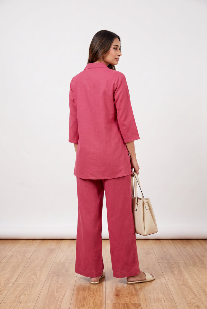 Pink Floral Embroidered Cotton Flex Co-ord Set with Collared Button-Down
