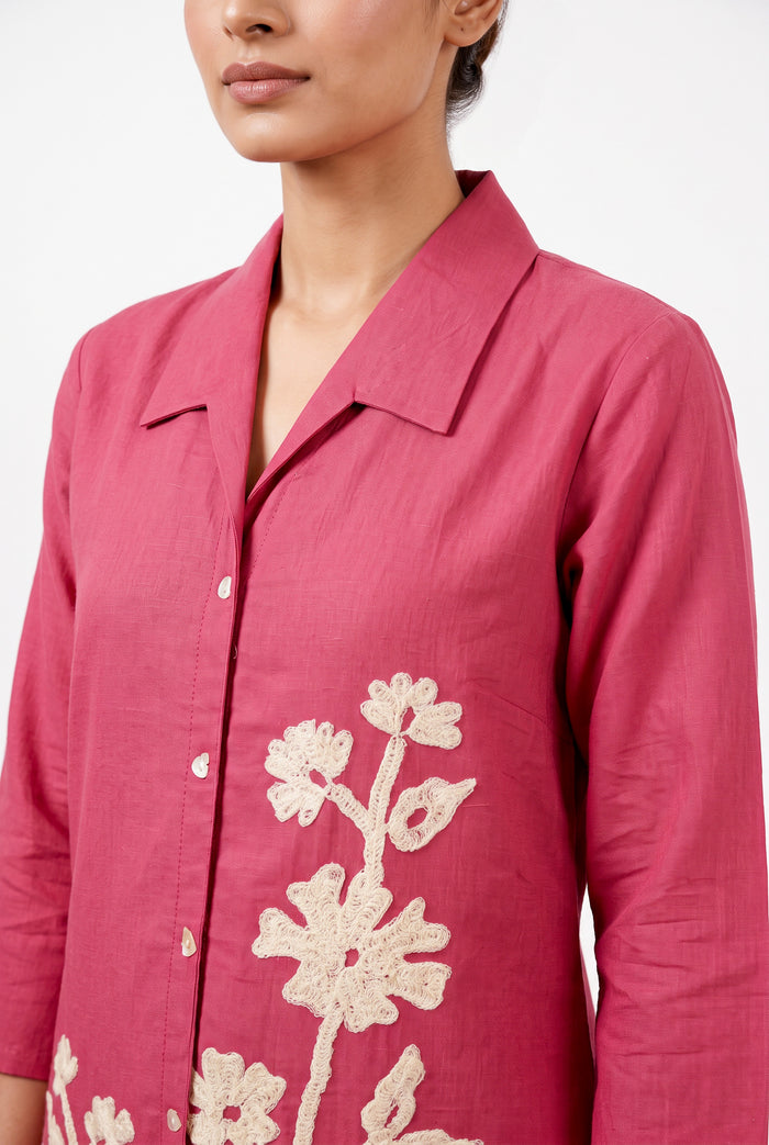Pink Floral Embroidered Cotton Flex Co-ord Set with Collared Button-Down