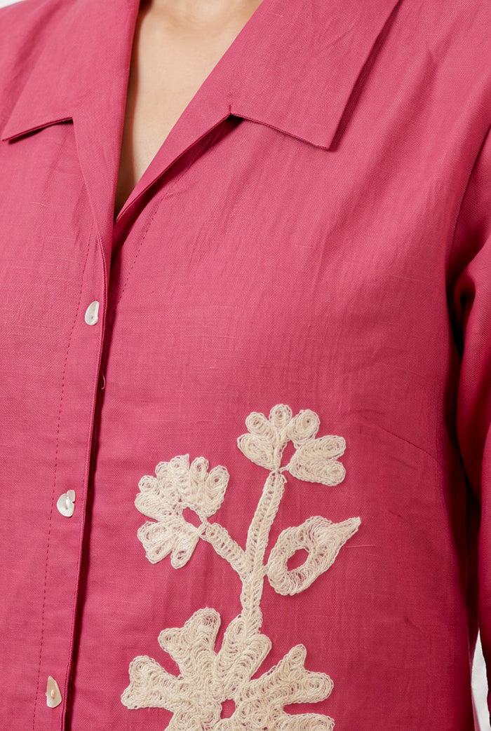 Pink Floral Embroidered Cotton Flex Co-ord Set with Collared Button-Down