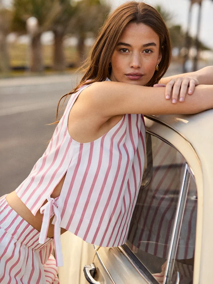 Pink Stripe Cotton Blend Tie Side Shell Top Co-Ord Set