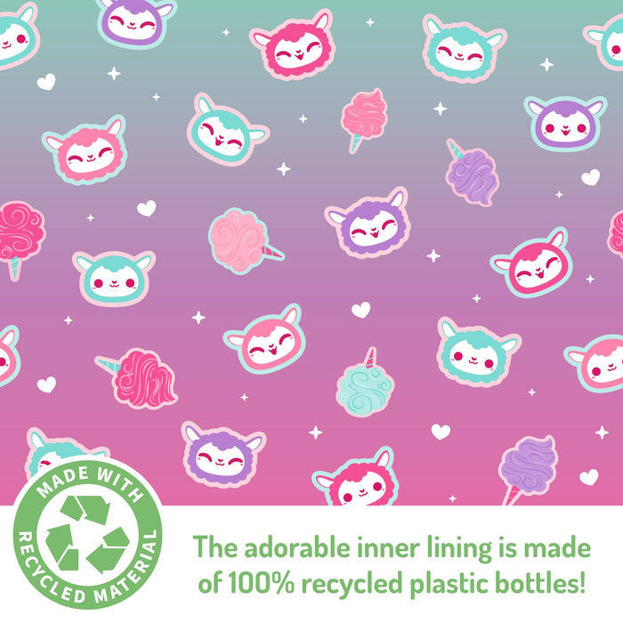 The adorable inner lining of this Plushiverse Cotton Candy Sheep Plushie Fanny Pack by TeeTurtle is made from 100% plastic bottles.