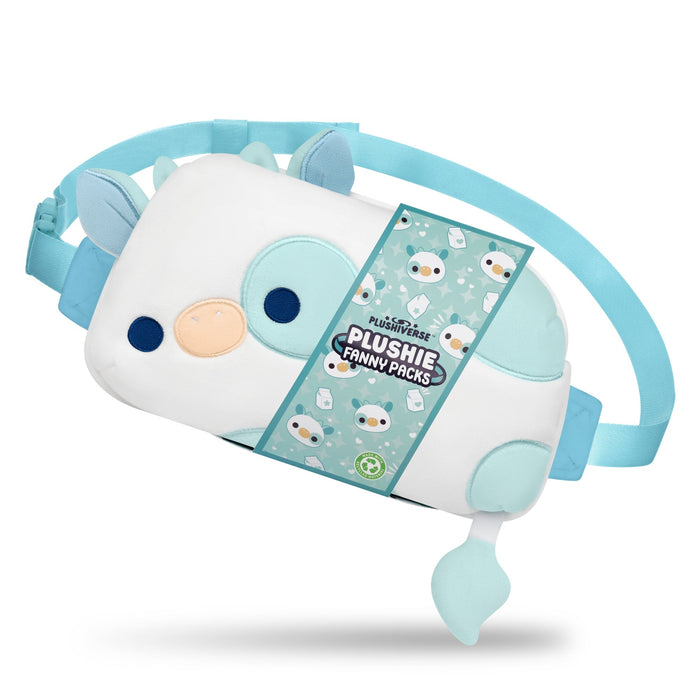 A Plushiverse Udderly Adorable Plushie Fanny Pack with a light blue strap and a cute animal face design from the TeeTurtle Kawaii Cuties Collection. The tag reads "Plushiverse Udderly Adorable Plushie Fanny Pack" and it features an adjustable belt for a perfect fit.