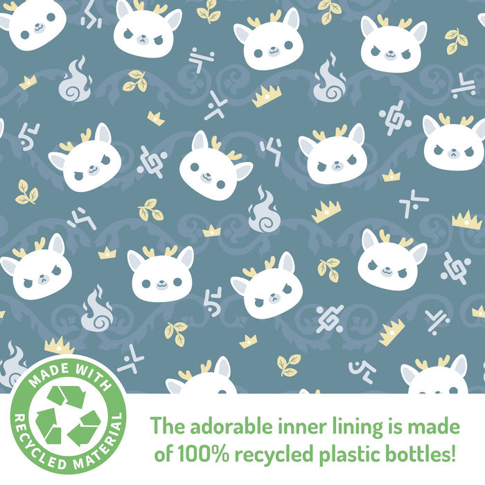 Patterned fabric design featuring white rabbit faces and gold keys on a teal background, with a label stating it's made from 100% recycled plastic bottles and an adjustable belt for hands-free functionality, the Plushiverse White Stag Fanny Pack by TeeTurtle.