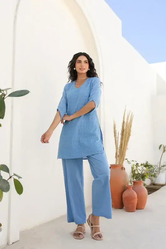 Powder Blue Bliss Schiffli Cotton Co-ord Set