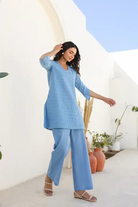 Powder Blue Bliss Schiffli Cotton Co-ord Set