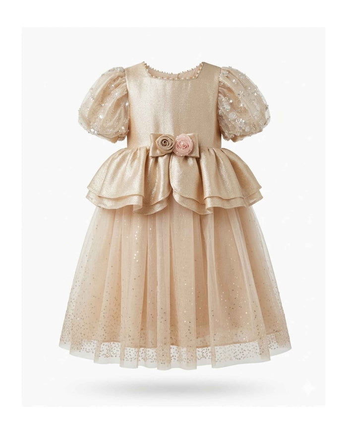 Girls' champagne peplum party dress with bow roses, puff sleeves, and tulle skirt
