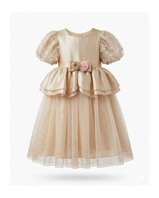Girls' champagne peplum party dress with bow roses, puff sleeves, and tulle skirt