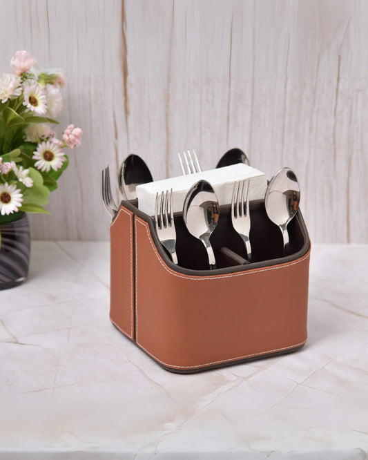 Orange leatherette cutlery holder with black interior, holding cutlery in five compartments