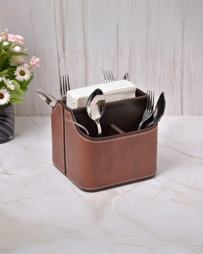 Leatherette cutlery holder with 5 sections, tan exterior and dark brown dividers
