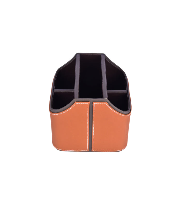 Orange leatherette cutlery holder with black interior and divider compartments