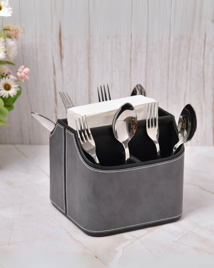 Premsons® leatherette cutlery holder with black-lined sides for forks, spoons, and knife.