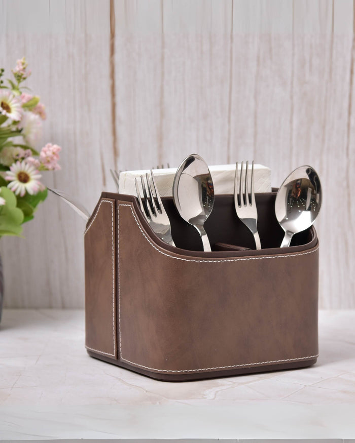 Leatherette cutlery holder with 5 sections, light and dark brown, open-top for utensils