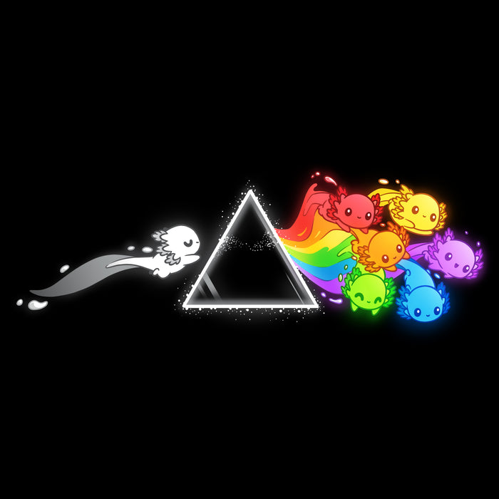 Premium Cotton T-shirt_TeeTurtle Prism Axo black t-shirt featuring a black and white axolotl swimming toward a prism and a pride rainbow of axolotls swimming away from the prism.