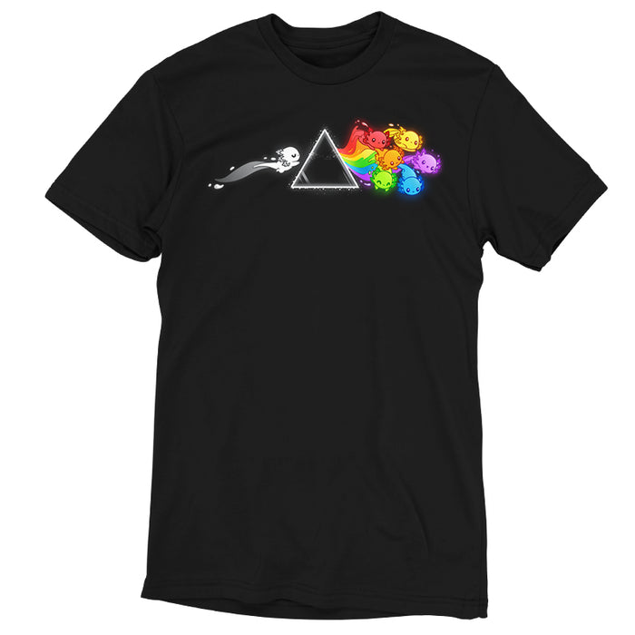 Premium Cotton T-shirt_TeeTurtle Prism Axo black t-shirt featuring a black and white axolotl swimming toward a prism and a pride rainbow of axolotls swimming away from the prism.