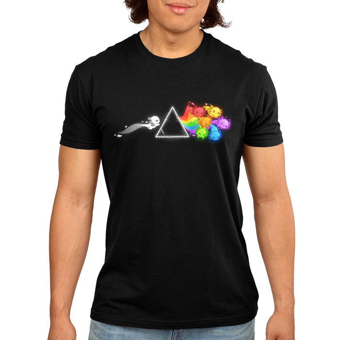 Premium Cotton T-shirt_TeeTurtle Prism Axo black t-shirt featuring a black and white axolotl swimming toward a prism and a pride rainbow of axolotls swimming away from the prism.