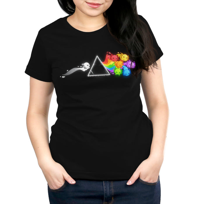 Premium Cotton T-shirt_TeeTurtle Prism Axo black t-shirt featuring a black and white axolotl swimming toward a prism and a pride rainbow of axolotls swimming away from the prism.