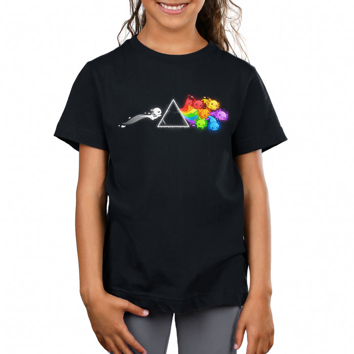 Premium Cotton T-shirt_TeeTurtle Prism Axo black t-shirt featuring a black and white axolotl swimming toward a prism and a pride rainbow of axolotls swimming away from the prism.