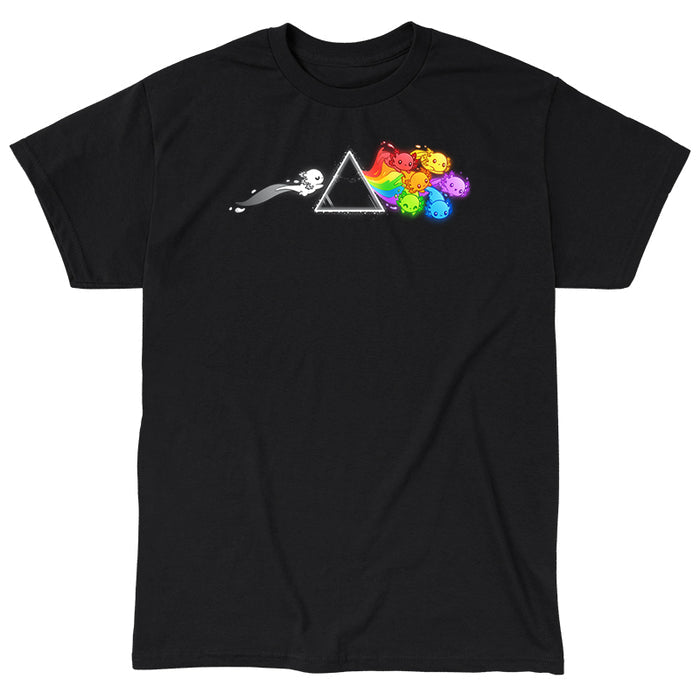 Classic Cotton T-shirt_TeeTurtle Prism Axo black t-shirt featuring a black and white axolotl swimming toward a prism and a pride rainbow of axolotls swimming away from the prism.