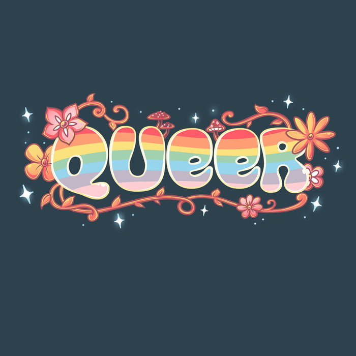 Premium Cotton T-shirt_TeeTurtle denim blue Queer apparel featuring an artistic "queer" word filled with rainbows and surrounded by flowers, vines, and mushrooms.
