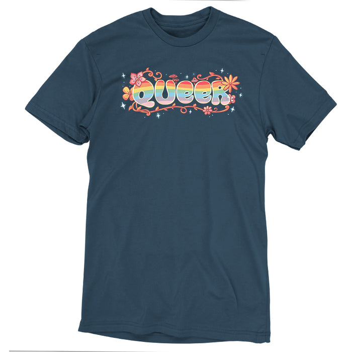 Premium Cotton T-shirt_TeeTurtle denim blue Queer apparel featuring an artistic "queer" word filled with rainbows and surrounded by flowers, vines, and mushrooms.
