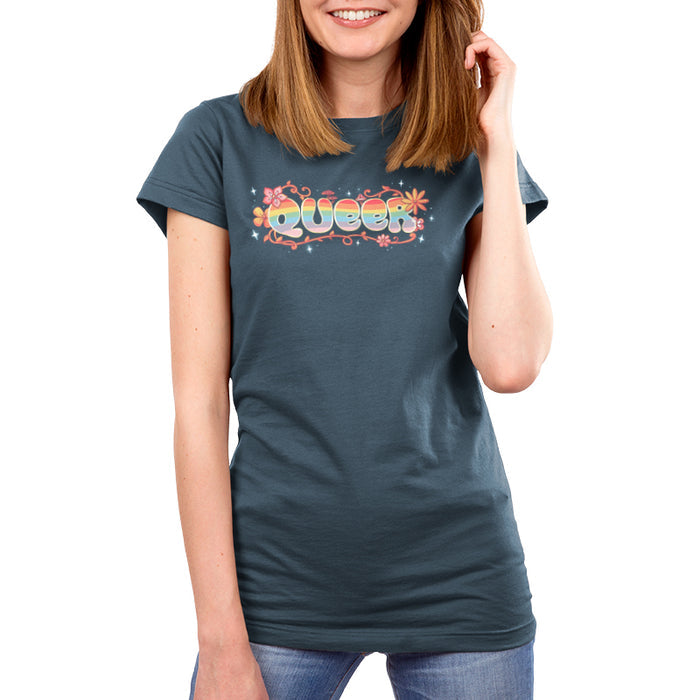 Premium Cotton T-shirt_TeeTurtle denim blue Queer apparel featuring an artistic "queer" word filled with rainbows and surrounded by flowers, vines, and mushrooms.