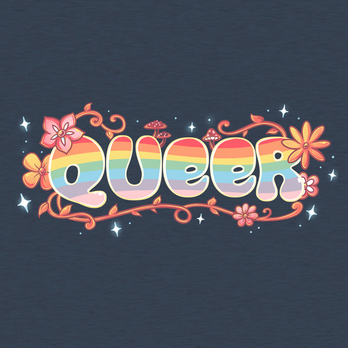 Classic Cotton T-shirt_TeeTurtle heather navy Queer apparel featuring an artistic "queer" word filled with rainbows and surrounded by flowers, vines, and mushrooms.