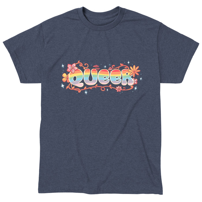 Classic Cotton T-shirt_TeeTurtle heather navy Queer apparel featuring an artistic "queer" word filled with rainbows and surrounded by flowers, vines, and mushrooms.