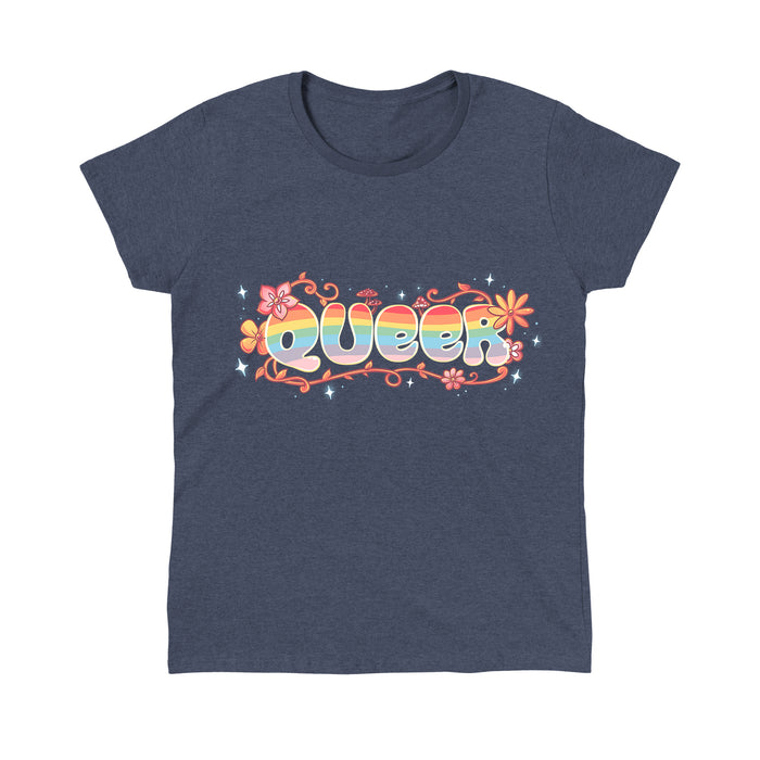Classic Cotton T-shirt_TeeTurtle heather navy Queer apparel featuring an artistic "queer" word filled with rainbows and surrounded by flowers, vines, and mushrooms.