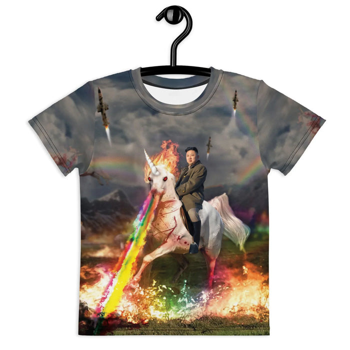 A stern-faced political leader in a regiment olive tunic rides a muscular white unicorn (sporting glowing red eyes and a flaming orange mane) through a surreal, meme-inspired battlefield. Contact us with accessibility feedback, we'd love to help!