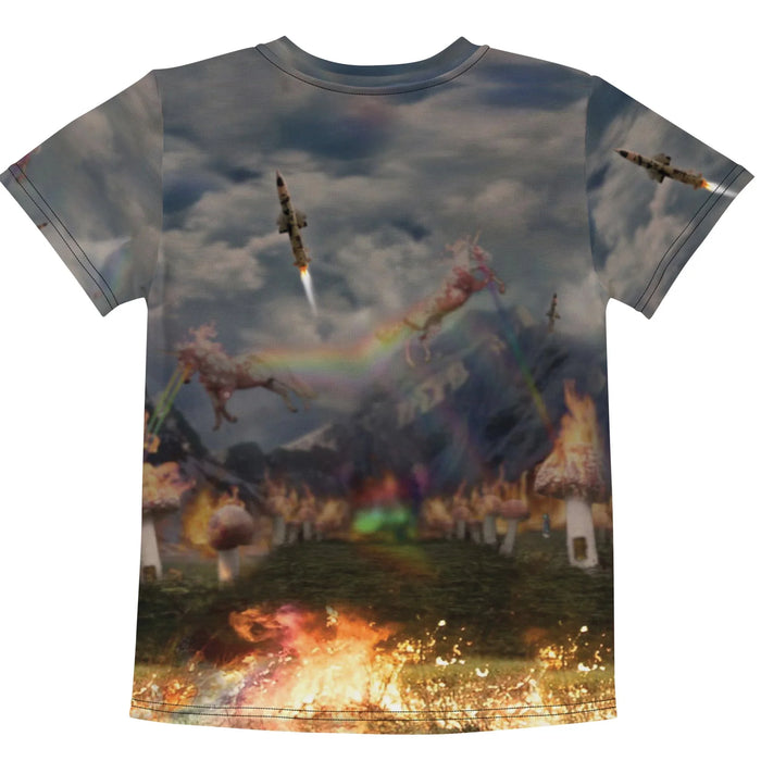 Rainbow Unicorn Kim Jong Un Kid's Tee - The jarring contrast between the regiment olive (#555D50) military tunic and the absurd neon magenta (#FF00FF) spectral blast.