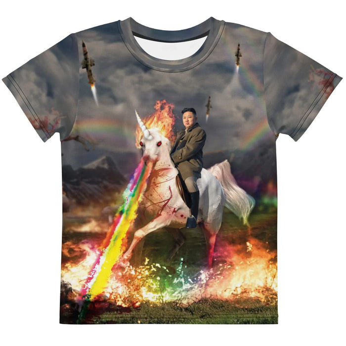 Rainbow Unicorn Kim Jong Un Kid's Tee in Apocalyptic Olive & Neon Spectrum. CPSIA Compliant, OEKO-TEX® 100, REACH Compliant.