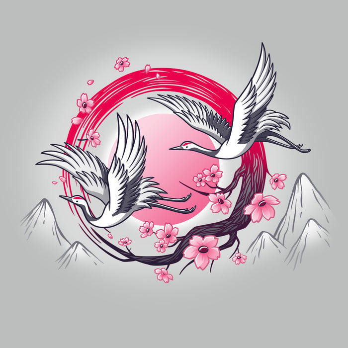 Premium Cotton T-shirt_TeeTurtle Red-Crowned Cranes silver gray t-shirt featuring an illustration of two cranes in flight with pink sakura blossoms, a red circular element, and stylized mountains in the background.