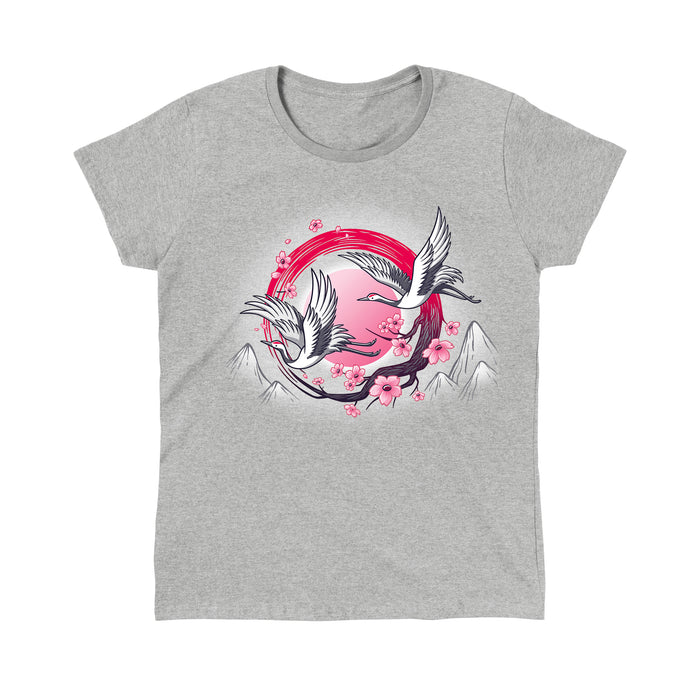 Classic Cotton T-shirt_TeeTurtle Red-Crowned Cranes heather gray t-shirt featuring an illustration of two cranes in flight with pink sakura blossoms, a red circular element, and stylized mountains in the background.
